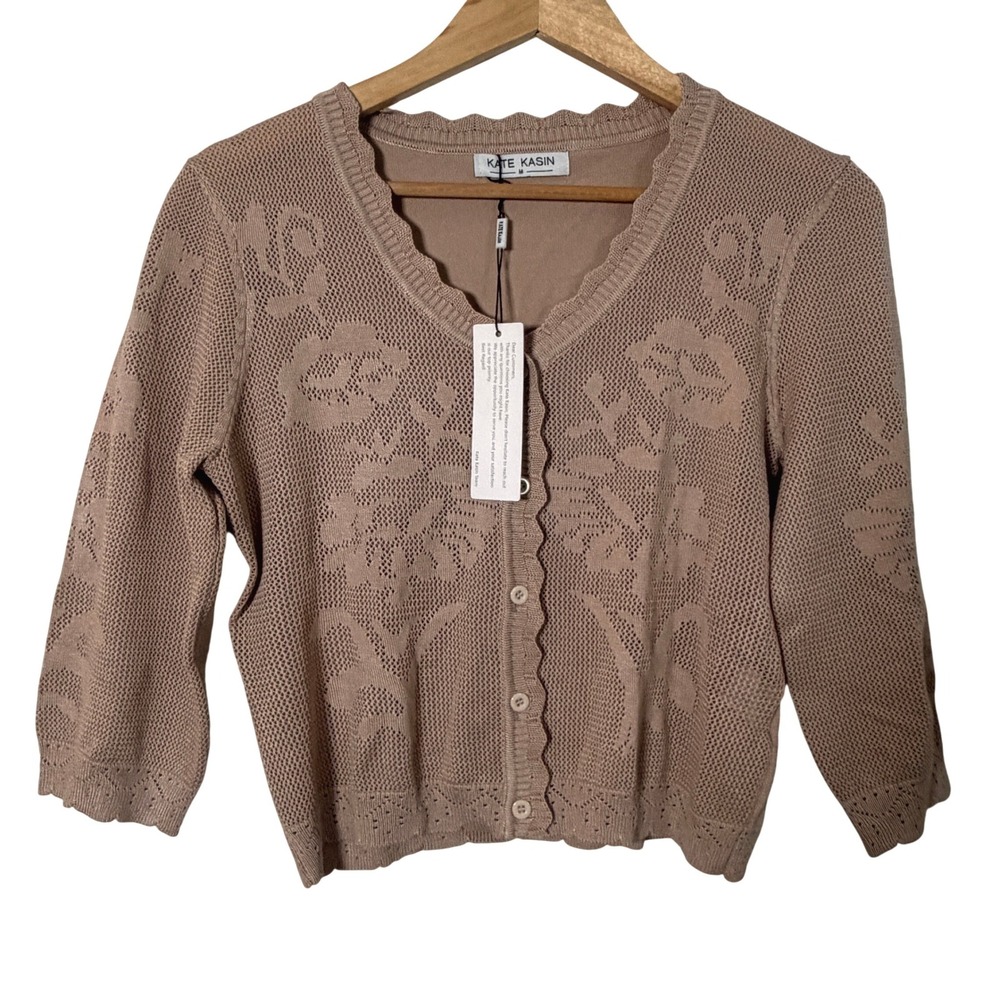Kate Kasin Cardigan Women M Tan New Floral Pointelle Scalloped V-Neck Shrug